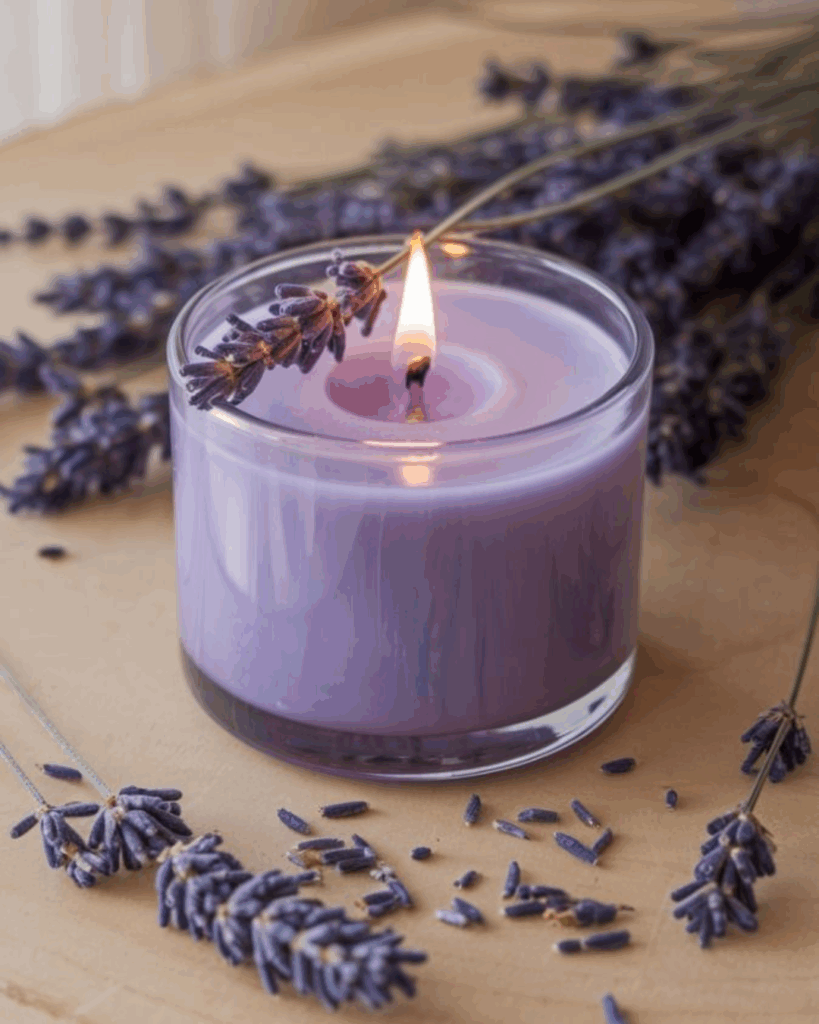 vela aromática em tom de roxo com decorações de lavanda